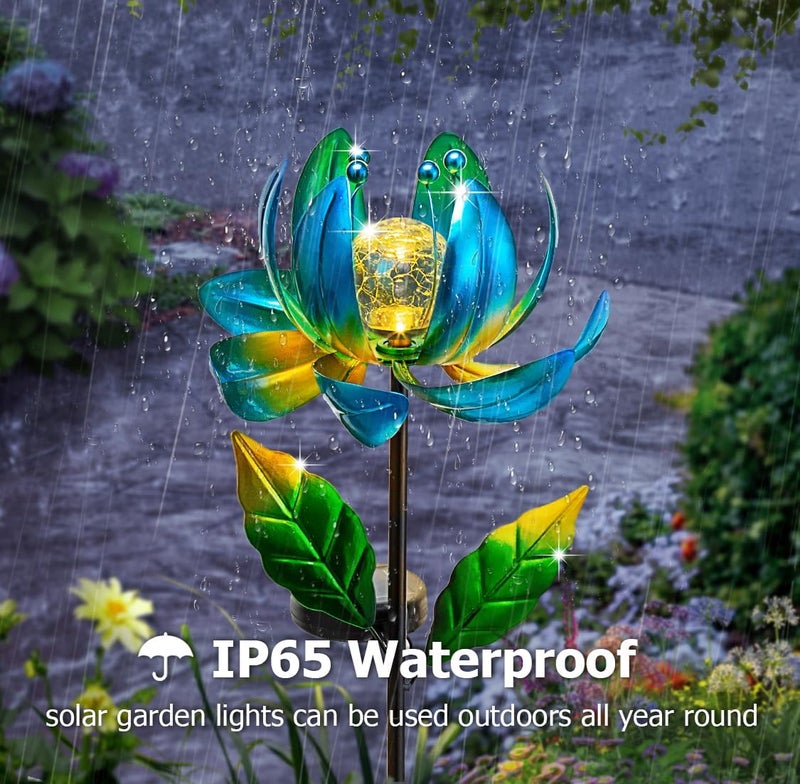 SUCUY Solar Yard Lights Wind Spinners- Metal Lotus Flower Garden Decor LED Crackle Glass Globe Yard Art Sculpture Solar Stake Lights for Patio Pathway Lawn Walkway - Image 3